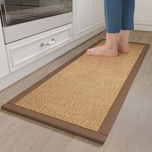 Kitchen Rugs Mat Non Slip Washable, 0.4" Thick Anti Fatigue Cushioned Kitchen Mats for Floor, Absorbent Jute-Look Kitchen Runner Rug Sink Mat Laundry Standing Mats, Easy Clean, Brown 17"x47"