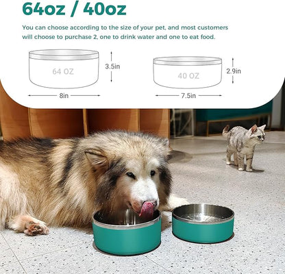 Dog Bowl, Stainless Steel Dog Food and Water Bowl with Non Slip Quiet Bottom, Easy to Clean, Dishwasher Safe, 64oz, Deep Green