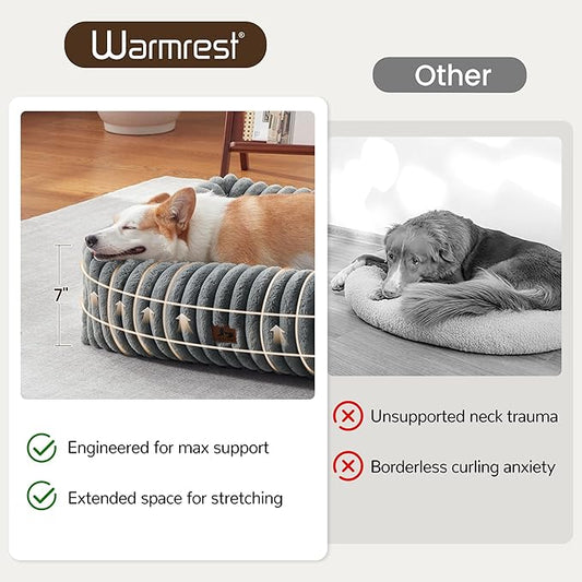 Washable Dog Bed for Small Medium Dogs - Rectangle Orthopedic Corduroy Fleece Pet Bed with Removable Cover and Nonskid Bottom, Calming Puppy Bed Soft Pet Sofa, Grey(25x21x7inchs)