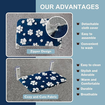Cat Window Perch, Foldable Cat Window Hammock with Cute 3D Textured Flower Cover and Strong Suction Cups, Cordless Window Seat Bed for Indoor Cats (Navy Paw, Large)