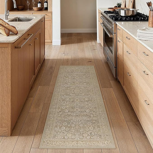 Beige Runner Rug 2x6 Washable Vintage Floral Long Carpet for Hallway Soft Low Pile Non Slip Indoor Accent Rug Retro Distressed Throw Rug for Bathroom Bedroom Laundry Dining Room