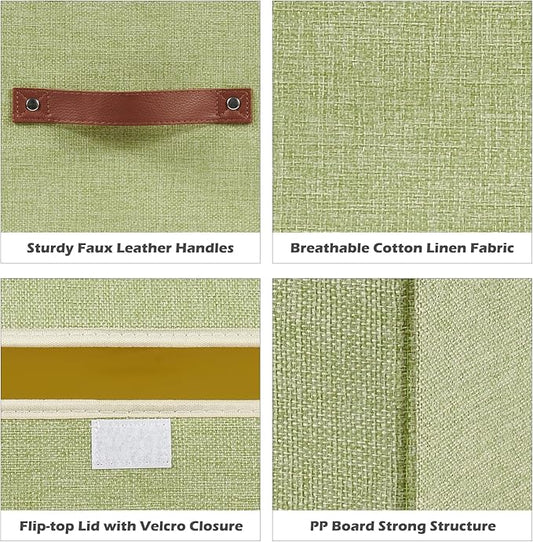 2PCS Storage Boxes with Lid Cotton Linen Fabric Storage Bins Organizer Container Decorative Collapsible Washable Shelf Closet Baskets Faux Leather Handles Home Bedroom (Green, Large Size)