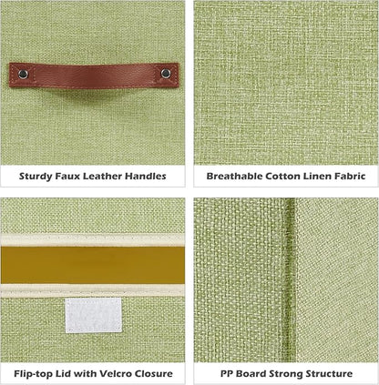 2PCS Storage Boxes with Lid Cotton Linen Fabric Storage Bins Organizer Container Decorative Collapsible Washable Shelf Closet Baskets Faux Leather Handles Home Bedroom (Green, Small Size)