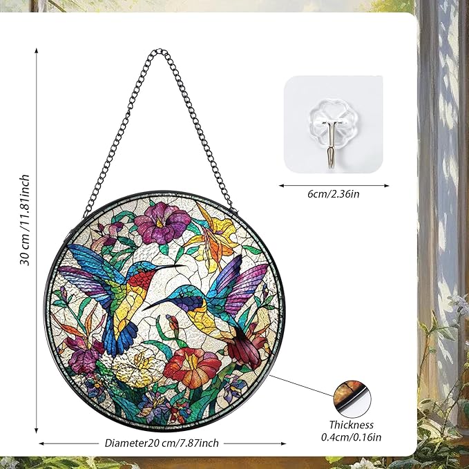 Hummingbird Stained Glass Window Hanging, 7.8″ Sun Catchers with Hook Indoor Window Decor, Decorative Suncatchers Home Garden Art Gift for Bird Lovers Thanksgiving Christmas Housewarming