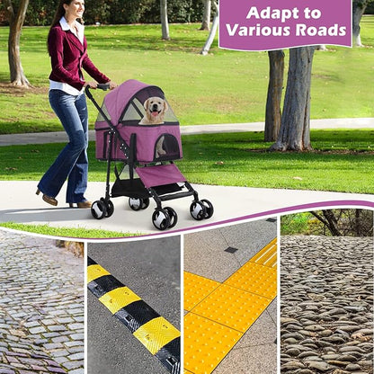Dog Strollers Pet Cat Stroller 3-in-1 Detachable Doggy Stroller 4 Wheel Dog Travel Cart for Small Medium Dogs Folding Cat Walker Wagons for Dogs Trolley for Doggie Rabbit Puppy Strollers, Purple