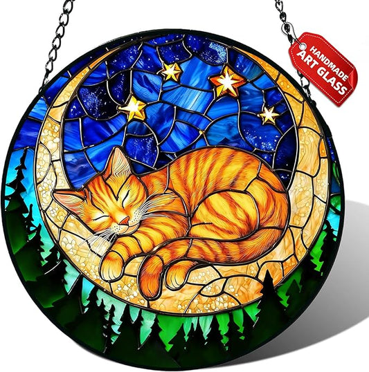 Stained Glass Window Hanging, Orange Sleeping Cat Suncatcher for Door Home Decor Moon Starry Night Sun Catcher Ornament Mother's Day Birthday Gifts for Women Men Mom 7.8 in