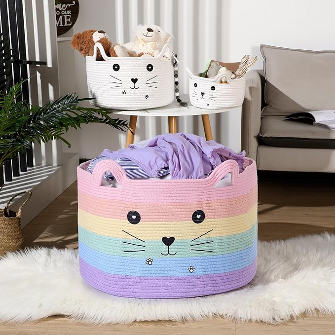 Zopeal Cat Basket Storage Woven Organizer with Ears Easter Decorative Pet Toy Cute Cotton Rope Basket for Gift Cat Dog Toy Bin Nursery Room(21.7 x 13.8 Inch,Macaron Color)