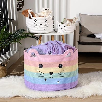 Zopeal Cat Basket Storage Woven Organizer with Ears Easter Decorative Pet Toy Cute Cotton Rope Basket for Gift Cat Dog Toy Bin Nursery Room(21.7 x 13.8 Inch,Macaron Color)