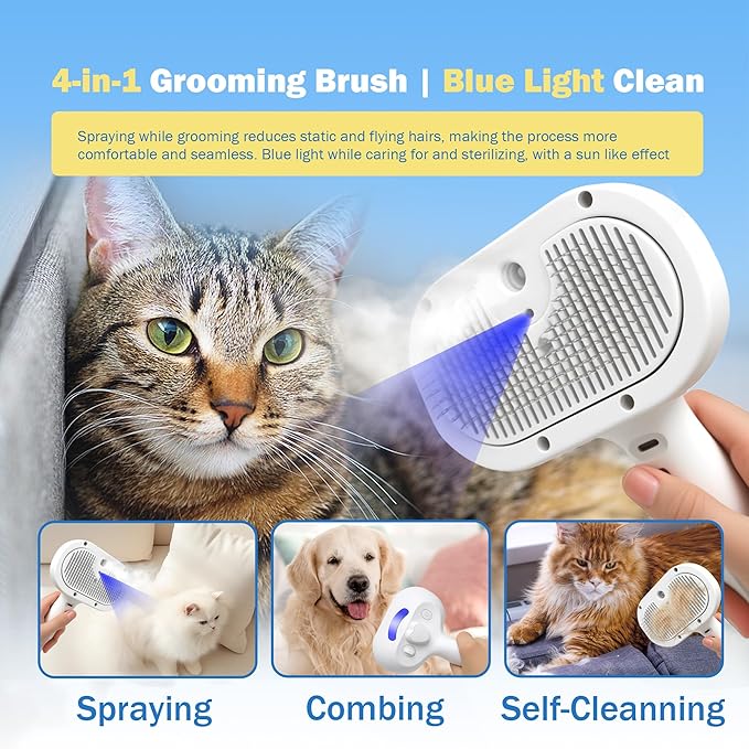 PETCHO 4-in-1 Pet Grooming Steam Brush for Cats & Dogs – Steam Spray, Blue Light, Hair Removal, Self-Cleaning Comb – Includes Pet Waterless Shampoo