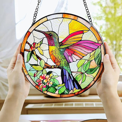 Stained Glass Hummingbird Suncatcher, Colorful Bird Suncatcher Glass Panel for Window Hanging, Unique Gift for Bird Lovers, Women, Mom, Grandma, 7.8 Inch