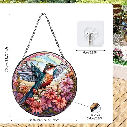 Hummingbird Flower Stained Glass Window Hanging, 7.8″ Sun Catchers with Hook Indoor Window Decor, Decorative Suncatchers Home Garden Art Gift for Bird Lovers Housewarming