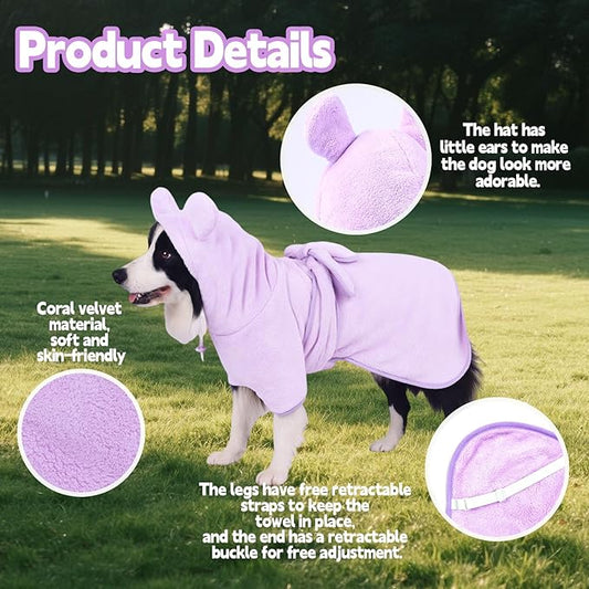 Super Absorbent Dog Bathrobe Pineapple Soft Fast Drying Dogs Towel Robe Adjustable Drying Coat for After Bath with Hood (Coral Velvet Purple, Large)