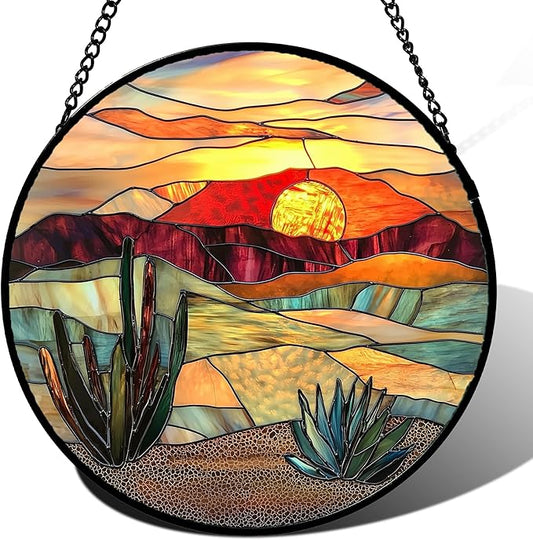 Stained Glass Window Hanging, Golden Landscape Dusk Sunset Suncatcher for Doors Window Home Cactus Sun Catchers Decoration Mother's Day Birthday Gifts for Women, Men, and Mom 15 in