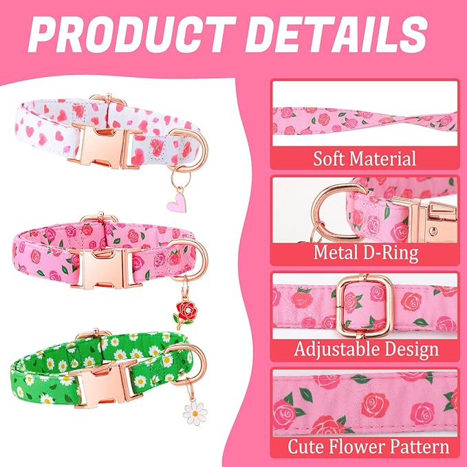 3 Pack Floral Dog Collars for Medium Dogs Pink Dog Collar with Flower Pendant for Girl Female Dogs Adjustable Pet Collars (12-18.9 inch)