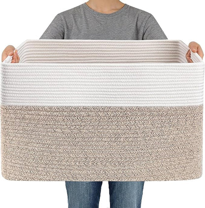 Woven Blanket Basket,65L Large Storage Bin for Blankets Toys Clothes,Decorative Rope Basket for Living Room Bedroom with Handles, White&Oatmeal