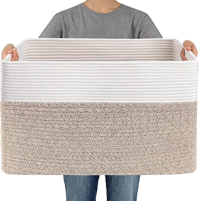 Woven Blanket Basket,96L Large Storage Bin for Blankets Toys Clothes,Decorative Rope Basket for Living Room Bedroom with Handles, White&Oatmeal
