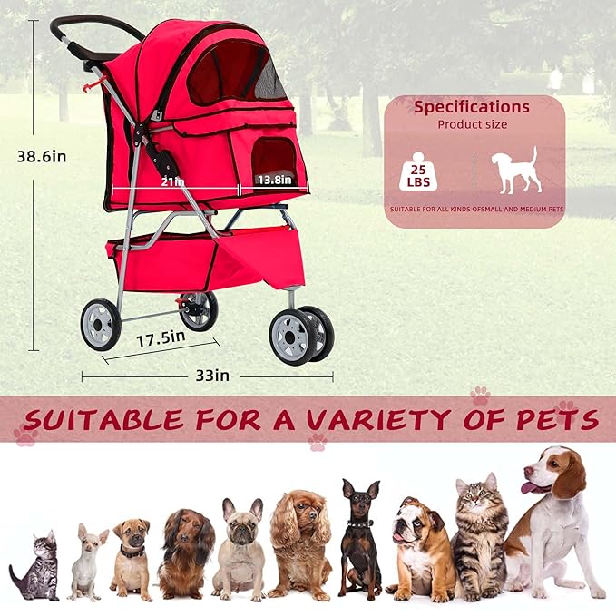 Pet Stroller for Small Medium Dogs & Cats,3-Wheel Breathable Compact Foldable Dog Carrier with Storage Basket, Outdoor Portable Lightweight Travel Stroller for Camping,Red