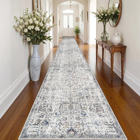 3x20 Washable Hallway Runner Rug - Extra Long Kitchen Rug with Non Slip Rubber Backing Ultra-Soft Low Pile Floor Carpet for Living Room Bedroom Dining Room Distressed Home Decor Mat (3x20,Brown/Blue