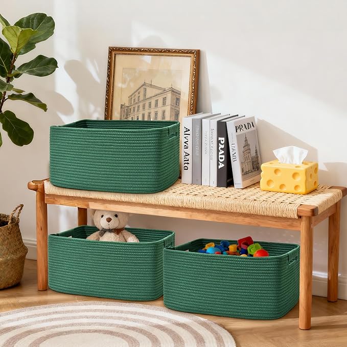 3 Pack Large Storage Basket for Organizing, 17.5"x13"x7" Woven Basket for Shelves, Closet Cube Storage Bins with Wrapped Handle, Cotton Rope Baskets for Kitchen, Clothes, Toys(Green)