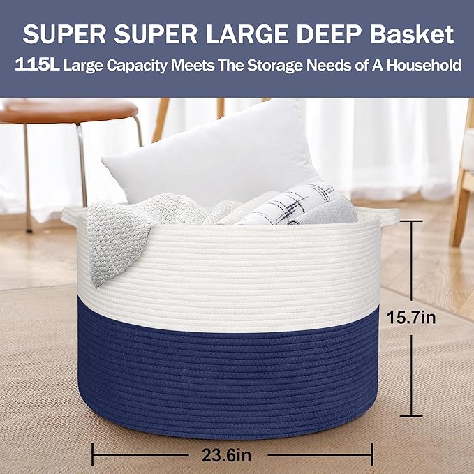 115L Super Large Blanket Basket, Cotton Rope Woven Bin for Toy, Clothes, Laundry, Shoes, Toy Box for Living Room, Oversized Organizer, XXXL Jumbo Basket for Blankets, 23.6"x15.7", Navy Blue