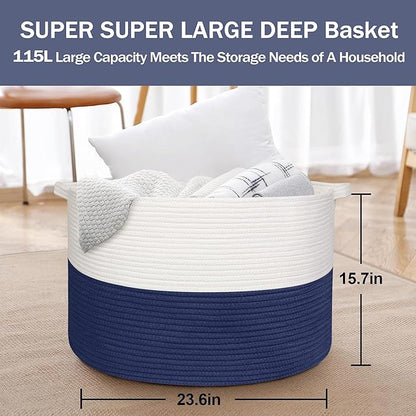 115L Super Large Blanket Basket, Cotton Rope Woven Bin for Toy, Clothes, Laundry, Shoes, Toy Box for Living Room, Oversized Organizer, XXXL Jumbo Basket for Blankets, 23.6"x15.7", Navy Blue