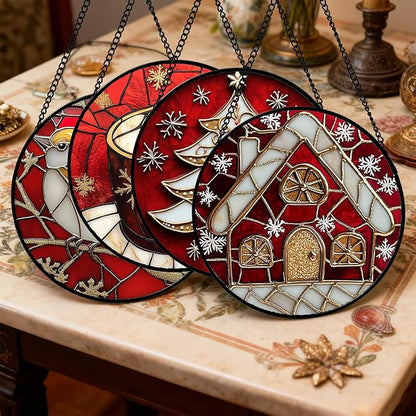 Stained Glass Window Hanging 4 Pcs Set Red Christmas Themed Decorations Large 15" - Suncatcher Door Garden Sun Catcher Decor Birthday New Year for Mom Woman Nana Men