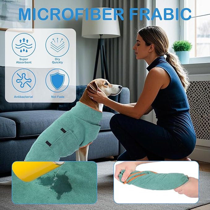 Dog Sweater for Large Dogs, Bath Towels Wrap for Drying Dogs, Pet Coat with Adjustable Collar & Microfiber, Fast Drying for Dogs at Home and Outdoors (Green, XL)