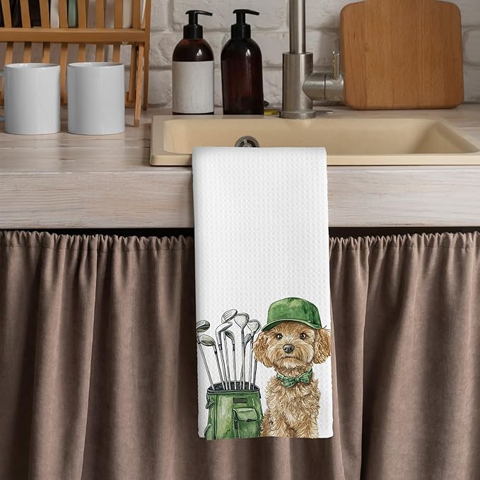 Golf Dog Kitchen Towels - Bichon Frise Dish Towels, Sports Gifts, Pet Golf Club Decorative Absorbent Dishcloths Hand Towels for Kitchen Gym Spa Decor 16x24 Inches