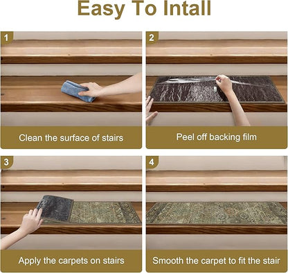 Carpet Stair Treads Non Slip 1PCS, 30" X 30"Edging Stair Runner for Wooden Steps Indoor, Resistant Stair Rugs with Reusable TPE Adhesive Backing, Residue Free Mat for Kids,Pets,Vintage Sage
