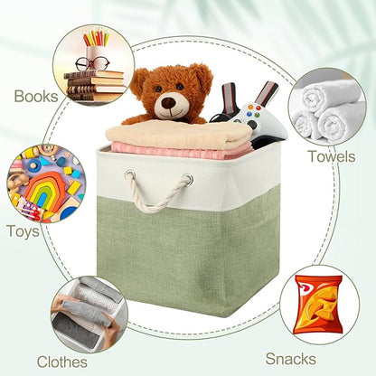 meekoo 8 Pack Collapsible Storage Bins Fabric Storage Bins Polyester Fabric Baskets with Handles Linen Closet Organizer for Shelf Home Closet Towels Toys(12 x 12 x 12 in,Green White)