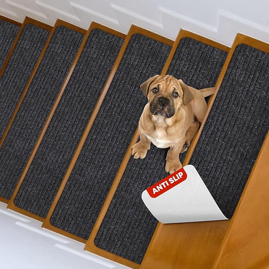 MBIGM 8" x 30" Non Slip Carpet Stair Treads Indoor (4 Pack), Non Skid Stair Rugs for Stairs, Slip Resistant Stair Runner for Kids, Seniors & Pets, Reusable Adhesive, Black