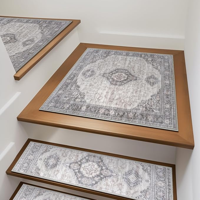 OJIA Stair Treads Carpet for Wooden Steps Non Slip Landing Mat Stair Rug with Rubber Backing, Faux Wool Soft Stair Runner Safety Rugs for Family, Absorbent Washable 31x31 inch Carpet for Stairs
