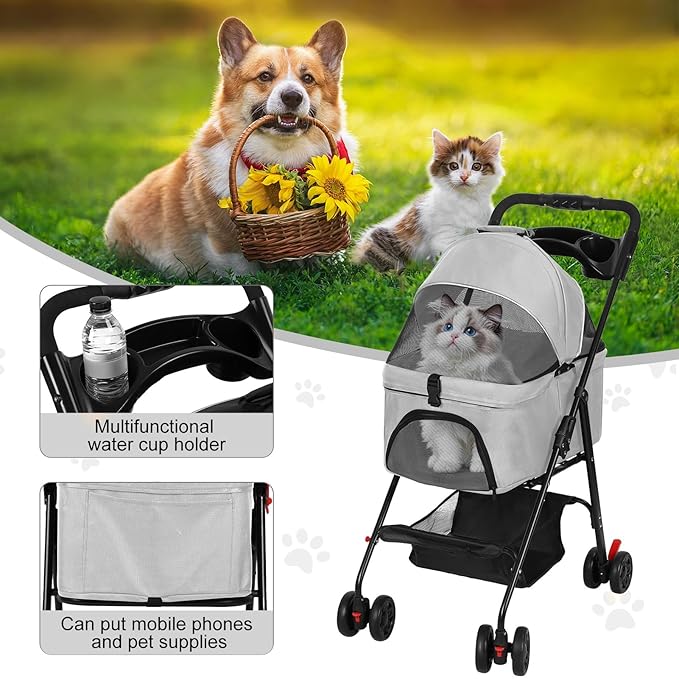 4 Wheels Pet Stroller,Dog and Cat Foldable Strollers, Removable Carrier, Breathable Mesh Canopy, Storage Basket and Cup Holder, Lightweight Travel Carrier, Pet Carrying Cart for Walks Outings Shoppin