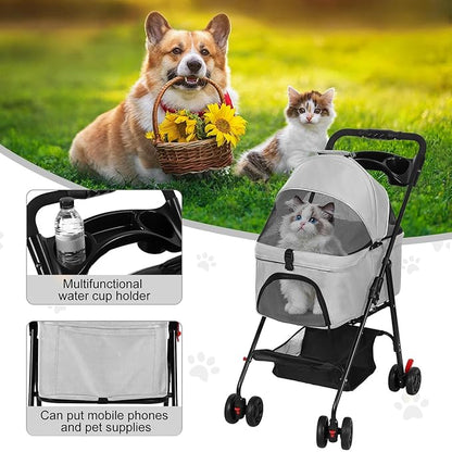 4 Wheels Pet Stroller,Dog and Cat Foldable Strollers, Removable Carrier, Breathable Mesh Canopy, Storage Basket and Cup Holder, Lightweight Travel Carrier, Pet Carrying Cart for Walks Outings Shoppin