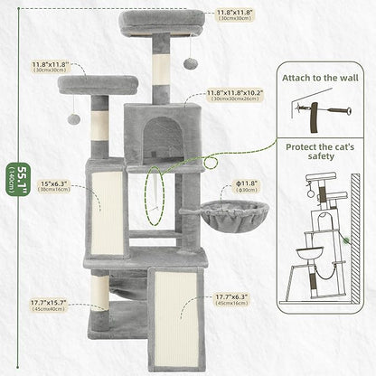 Gitelsnour Multi-Level Cat Tree for Indoor Cats, Cat Tower with 2 Scratching Boards, 2 Plush Padding Platforms, Cat Condo House with Hammock, Basket, Light Gray GCT022W