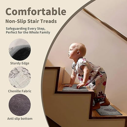 Non-Slip Carpet Stair Treads 15PCS, 8"x30" Peel and Stick Stair Runner for Wooden Steps Indoor, Washable Reusable Adhesive Backing, Pet-Friendly Safety Mats for Kids, Elders, Dogs