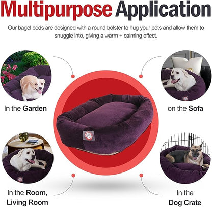 Majestic Pet 24 Inch Micro Velvet Calming Dog Bed Washable – Cozy Soft Round Dog Bed with Spine for Head Support - Fluffy Donut Puppy Mat 24x19x7 (inch) Small – Aubergine