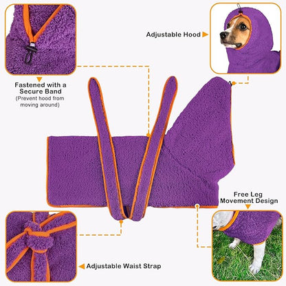 Bienbee Soft Dog Bathrobe，Super Absorbent & Quick-Drying Dog Robe with Hood, Cozy Drying Coat for After Bath, Purple XL