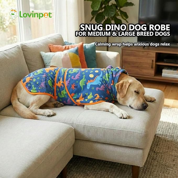LovinPet 3‑in‑1 Dog Warm Winter Coat & Bathrobe, Hooded Dinosaur Fleece, Lightweight High‑Loft, Absorbent Knit, Quiet Hook‑and‑Loop, Wind‑Blocking Edges, Dog Robes for Medium & Large Dogs, Teal Blue,L