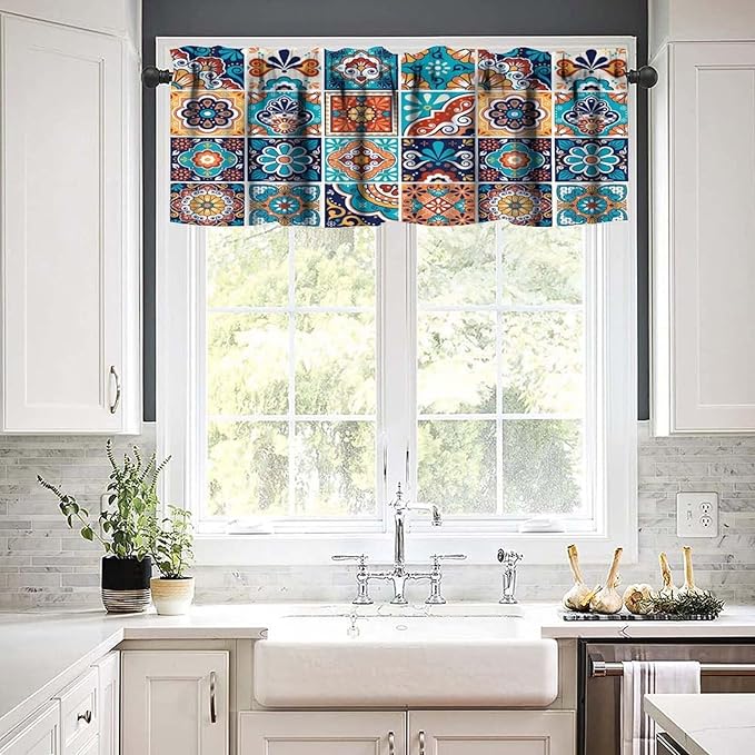 Mexico Fiesta Valance Curtains Blue Mexican Fiesta Dia De Los Muertos Pattern Window Treatment Valances Short Curtains Rod Pocket Drape for Dining Room Home Kitchen Decor, 54x18inch