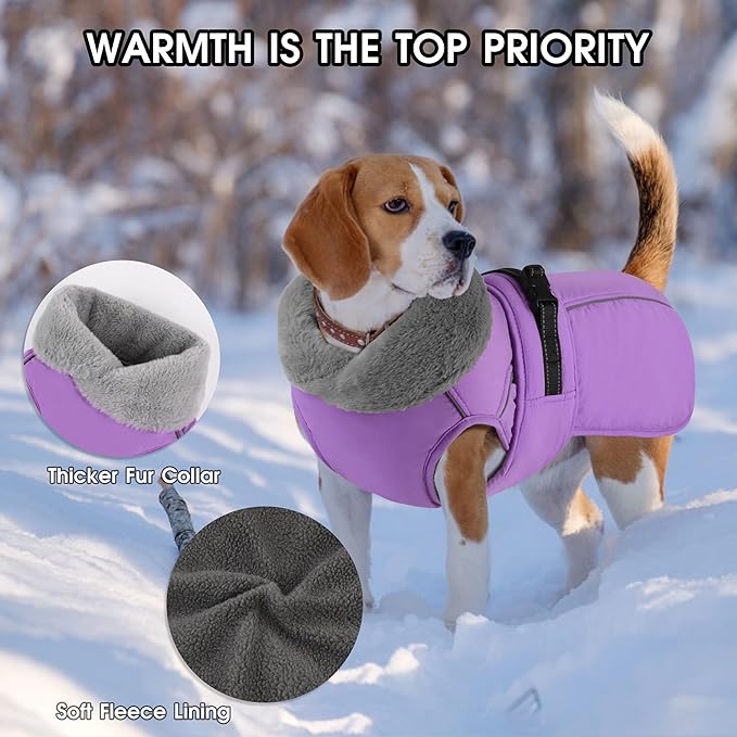PETDSH Dog Coat Large, Windproof Dog Jacket with Warm Fleece Lining, Thickened Collar Dogs Winter Coat, Adjustable Reflective Pet Coats for Cold Weather (Purple, Large)