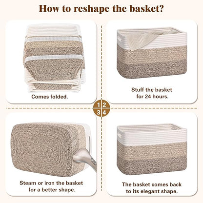 Storage Baskets for Organizing, 4 Pack Baskets for Shelves, Decorative Storage Bins for Shelves, Cotton Rope Storage Basket with Handles, Woven Basket for Storage, 13''Lx8.7''Wx7.9''H, Gradient Brown