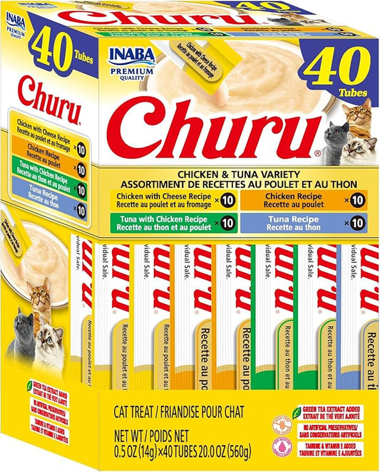 INABA Churu Cat Treats, Lickable, Squeezable Creamy Purée Cat Treat with Green Tea Extract & Taurine, 0.5oz. Each Tube, 40 Tubes, Chicken & Tuna Variety