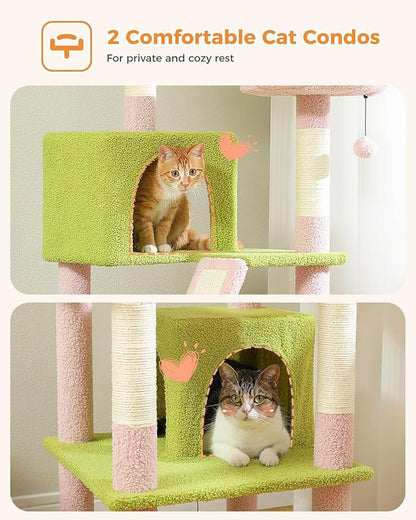 MUTTROS Flower Cat Tree, 70.9-inch Tall Cat Tower in Blossom Pink with 2 Condos & Large Hammock, Whimsical Cat Activity Center with Pom Poms for Indoor Cats