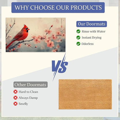 Red Cardinal Bird Front Door Mat,Anti-Slip Spring Pink Peach Flower Entrance Indoor Rug Mat,Low Profile Door Mat Entrance,Doormats for Home Kitchen Bedroom Porch, Hallways 30 x 17 Inch