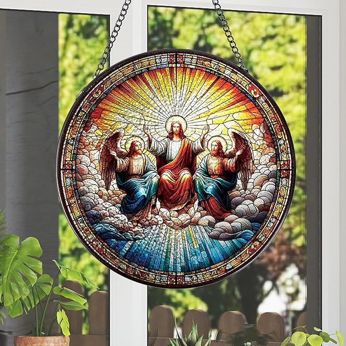 Christmas Jesus Stained Glass Window Hanging, 7.8" Christian Gift Sun Catchers Indoor Window Decor, Suncatchers for Windows Hanging Christmas Religious Catholic Gifts for Women Faith