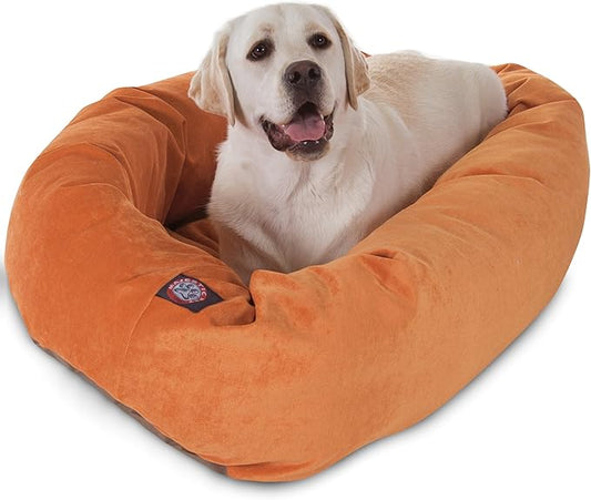 Majestic Pet 40 Inch Micro Velvet Calming Dog Bed Washable – Cozy Soft Round Dog Bed with Spine for Head Support - Fluffy Donut Puppy Mat 40x29x9 (inch) Large – Orange