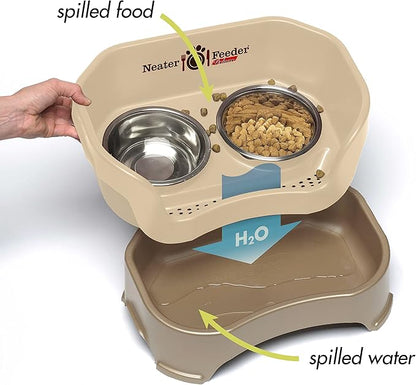 Neater Feeder Deluxe Mess Proof Cat Bowls Elevated for All Breeds – Made in USA – No Spill Raised Cat Bowls for Indoor Cats w/Leg Extensions – Stainless Steel Cat Food and Water Bowl Set - Beige