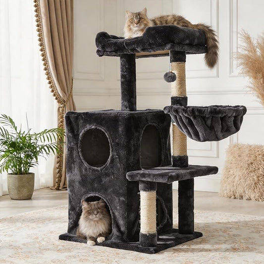 Fansafurn Cat Tree Tower for Indoor Cats, 36-inch Adult Cat Tree House for Large Adult Cats with Steps, Scratching Post, 2 Cat Condo, Dangling Toys, Dark Grey