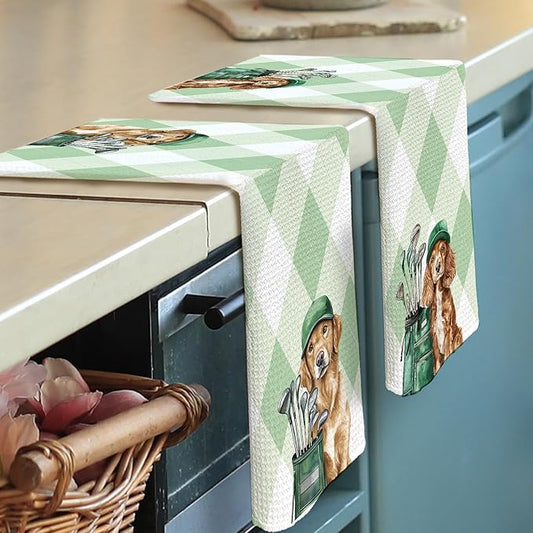 Golf Dog Kitchen Towels - Golden Retriever Cocker Spaniel Dish Towels, Sports Gifts, Pet Golf Club Decorative Absorbent Dishcloths Hand Towels Set of 2 for Spa Kitchen Gym Decor 16x24 Inches